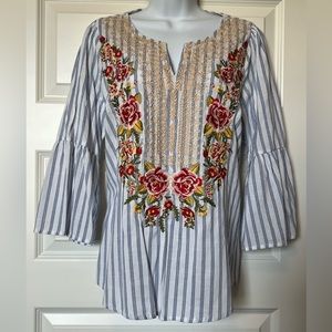 Savanna Jane Embroidered Floral Stripe Popover Top 3/4 Bell Sleeve